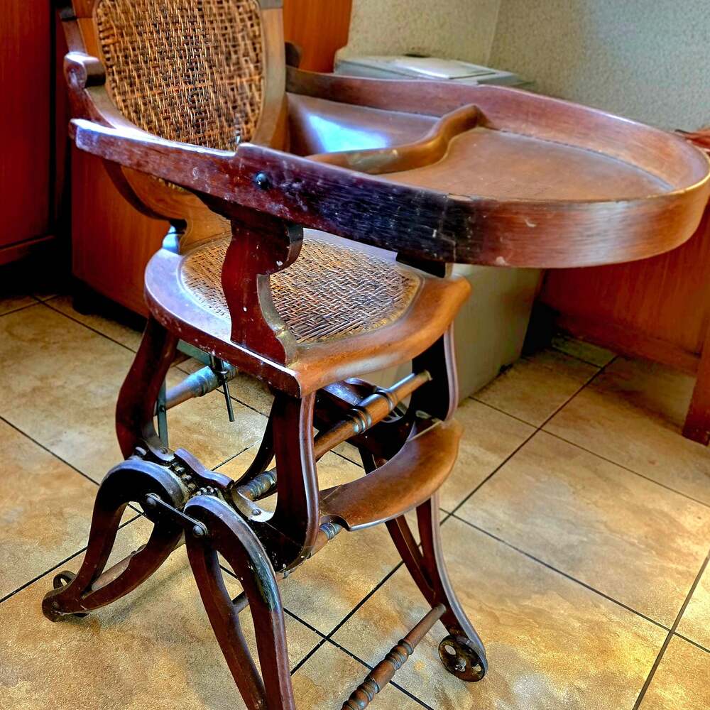 Antique Victorian Metamorphic Oak and Cane Child's High Chair and Rocker